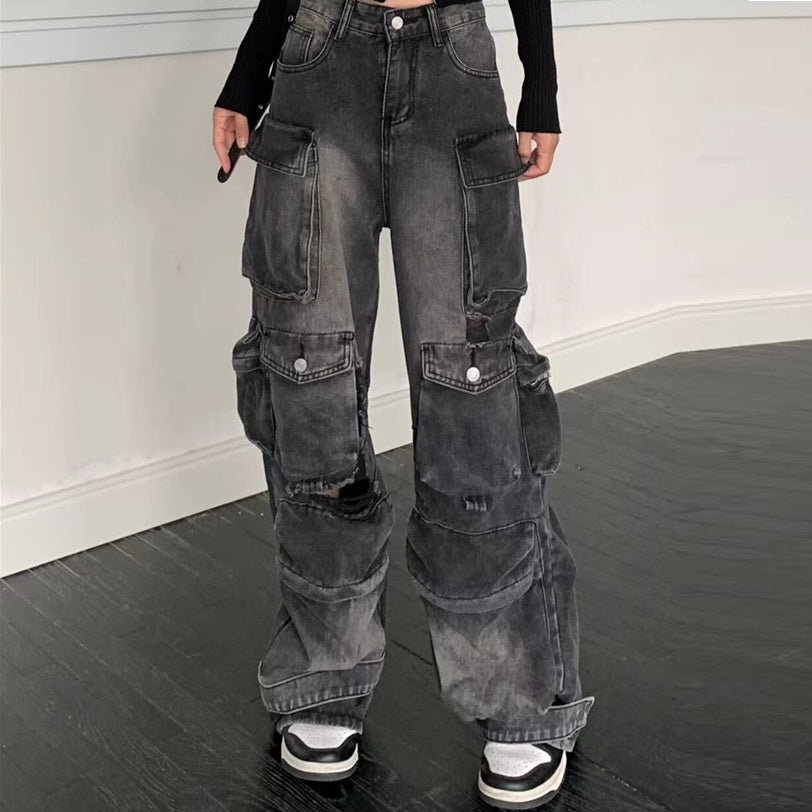 American Street Multi-pocket Workwear Jeans For Women