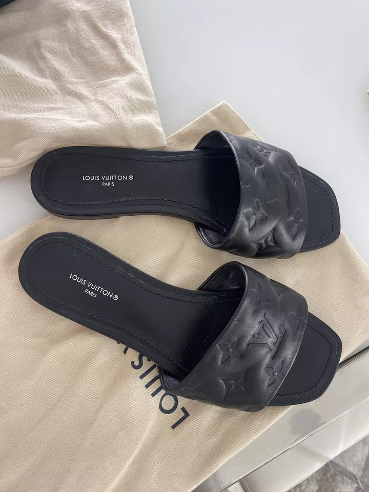 Louis Vuitton Black Monogram Leather Revival Flat Slides