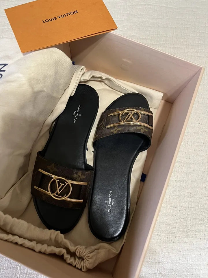 LOUIS VUITTON Brown Monogram Slides